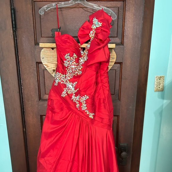Red Satin One Shoulder Prom Dress with Sleeveless Beaded Detail